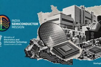India Semiconductor Mission 2.0 policy visual with MeitY emblem, semiconductor wafer collage and Indian chip manufacturing setting