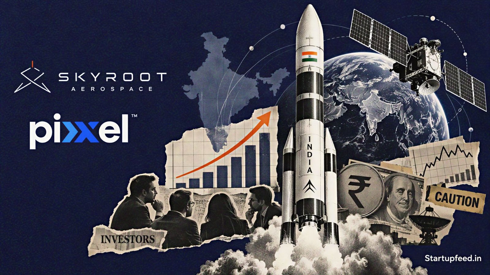 Indian spacetech funding 2026 visual with Skyroot and Pixxel logos, rocket, satellite, investors and rising capital charts