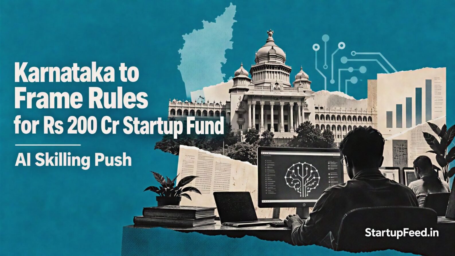 Karnataka startup fund policy shown with state emblem, AI skilling cues and government document fragments