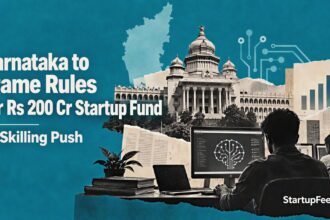 Karnataka startup fund policy shown with state emblem, AI skilling cues and government document fragments