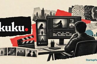Kuku AI micro-drama unit shown with a vertical video workstation, Kuku branding and AI production motifs