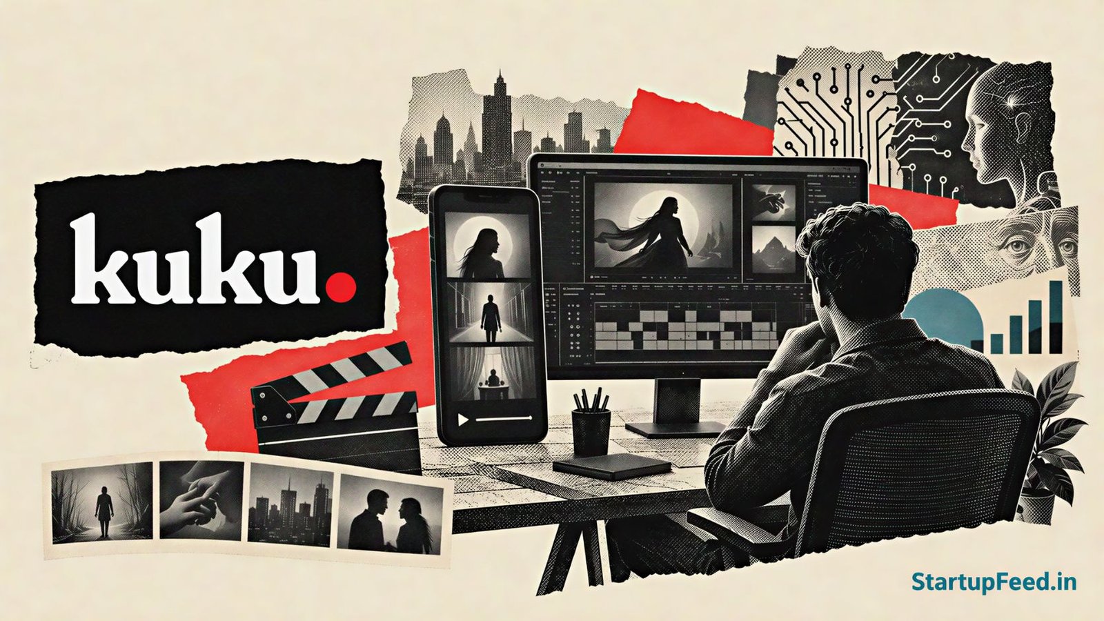 Kuku AI micro-drama unit shown with a vertical video workstation, Kuku branding and AI production motifs