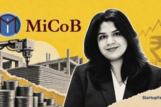 MiCoB Vande Bharatam funding scene with co-founder Ankita Sinha, MiCoB logo and construction-tech elements