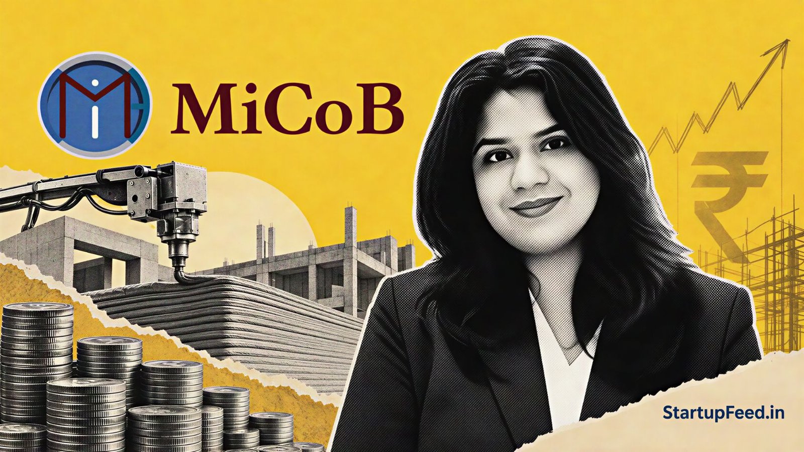 MiCoB Wins Rs 30 Cr Commitment on Vande Bharatam 41 MiCoB Vande Bharatam funding scene with co-founder Ankita Sinha, MiCoB logo and construction-tech elements