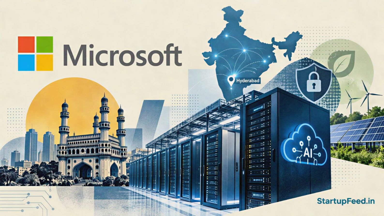 Microsoft India cloud region hub in Hyderabad with Microsoft logo and AI data-centre infrastructure