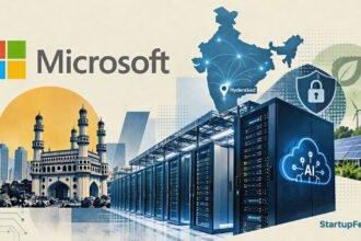 Microsoft India cloud region hub in Hyderabad with Microsoft logo and AI data-centre infrastructure