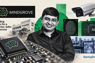 Mindgrove chip revenue story with company logo, semiconductor circuitry and edge AI surveillance elements
