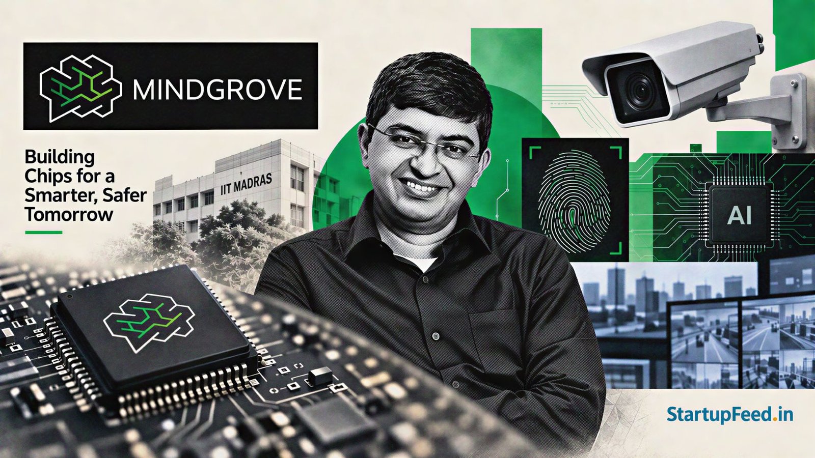 Mindgrove chip revenue story with company logo, semiconductor circuitry and edge AI surveillance elements