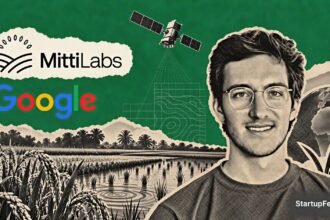 Xavier Laguarta with Mitti Labs carbon credits deal imagery, Google logo and rice fields