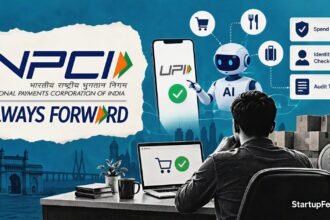 Unified agent protocol upi scene with NPCI logo, payment rails and AI agent controls