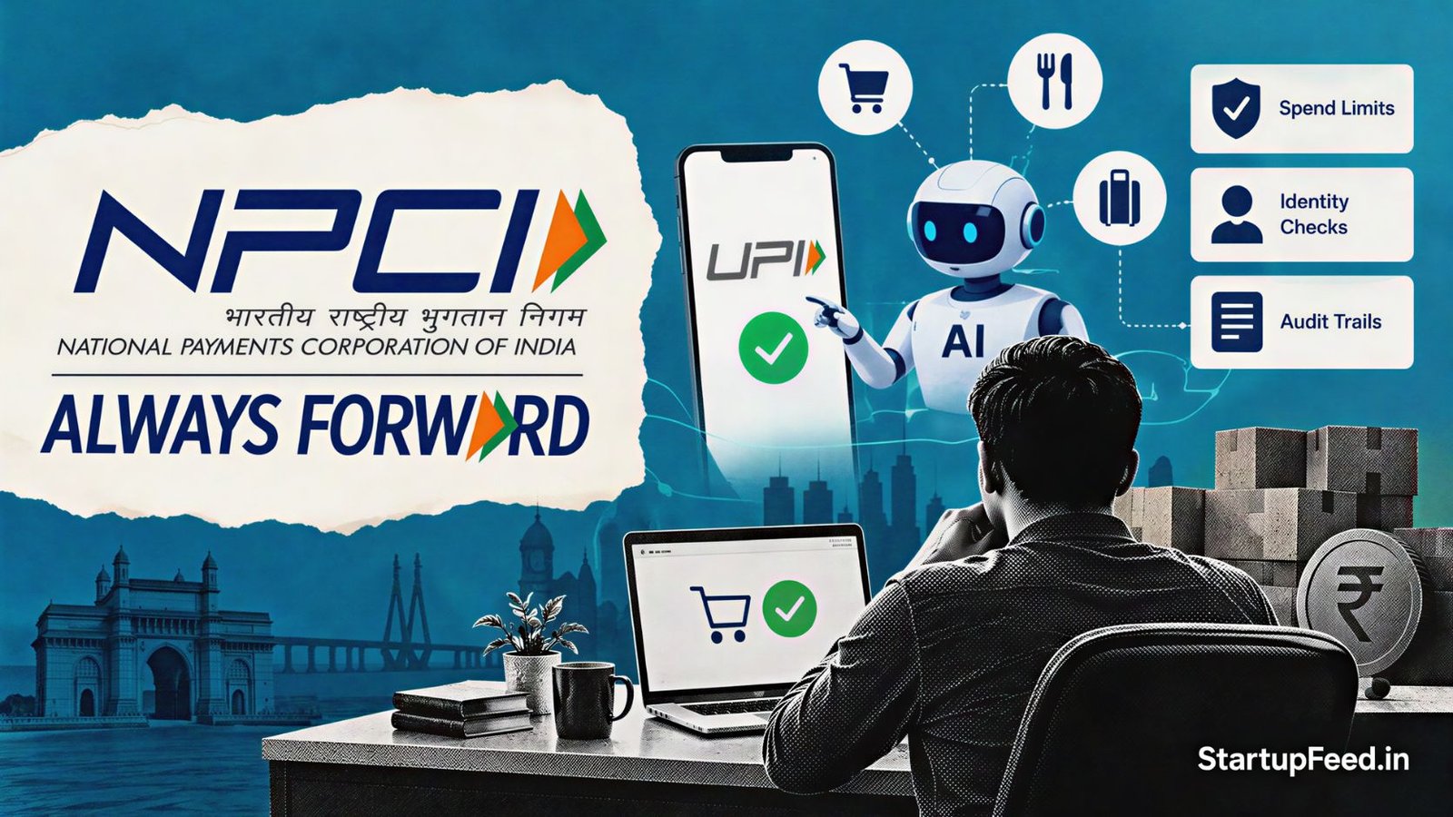 NPCI Builds Unified Agent Protocol for AI Payments on UPI 40 Unified agent protocol upi scene with NPCI logo, payment rails and AI agent controls
