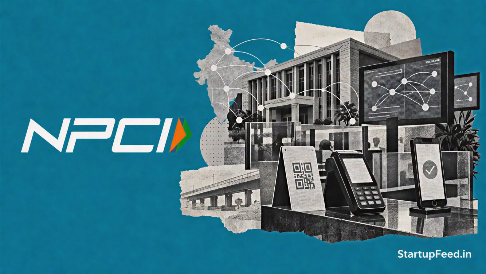 NPCI UPI market share cap visual with NPCI emblem and Indian digital payment network motifs