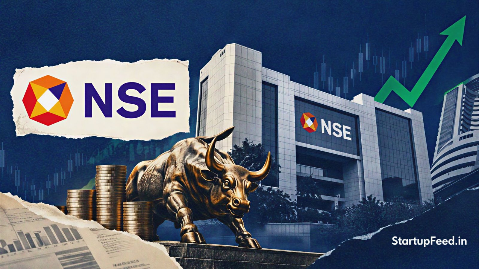 NSE Raises Rs 6,746 Cr From 189 Anchors, LIC Leads 41 NSE IPO anchor investors scene with NSE logo, exchange building sketch and market chart