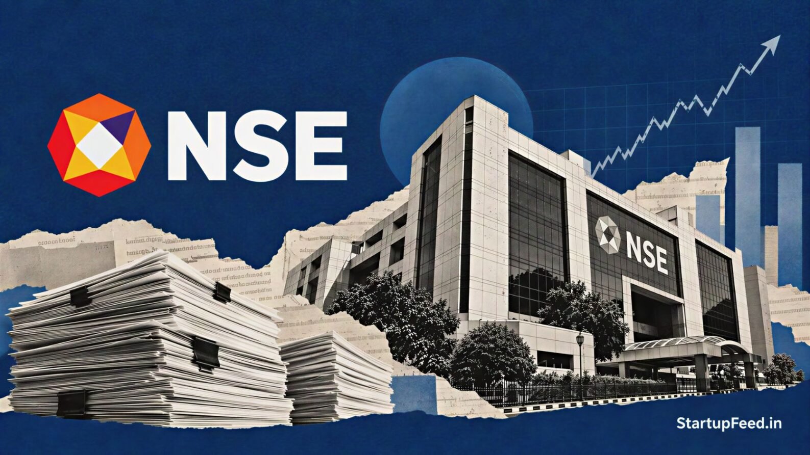 NSE IPO subscription scene with exchange logo, market chart and SEBI deadline documents