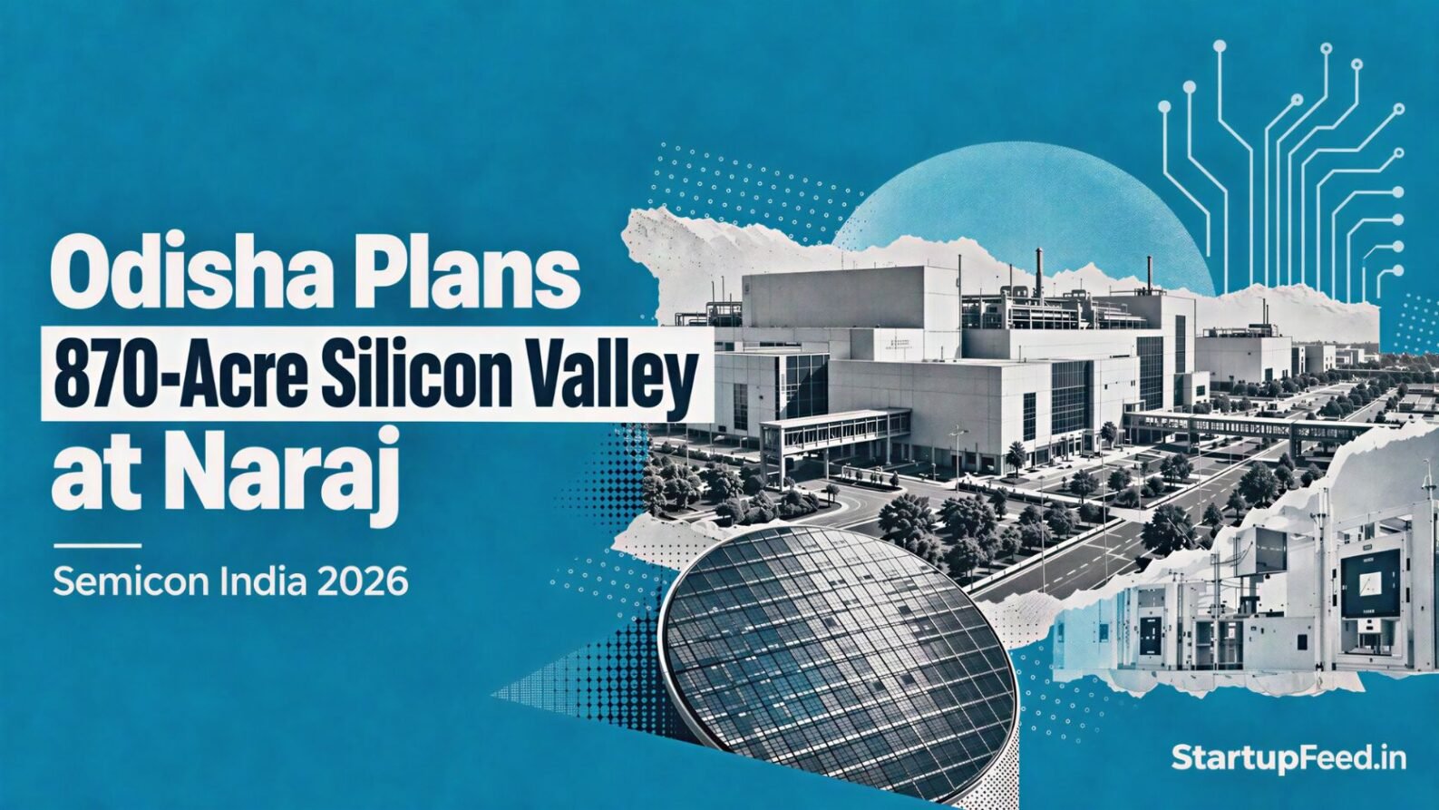 Odisha silicon valley emblem with semiconductor fab scene and Naraj technology corridor