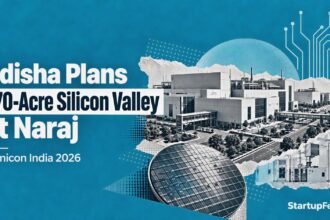 Odisha silicon valley emblem with semiconductor fab scene and Naraj technology corridor