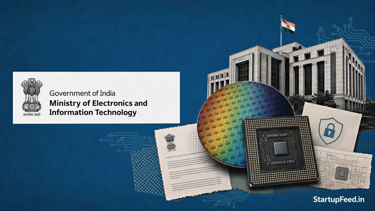 Semicon 2.0 chip startups policy scene with MeitY emblem, semiconductor chip and C-DAC IP documents