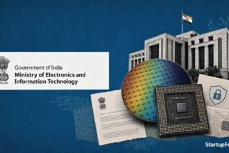 Semicon 2.0 chip startups policy scene with MeitY emblem, semiconductor chip and C-DAC IP documents