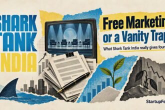 Shark Tank India founders theme with show logo, deal documents and startup funding signals