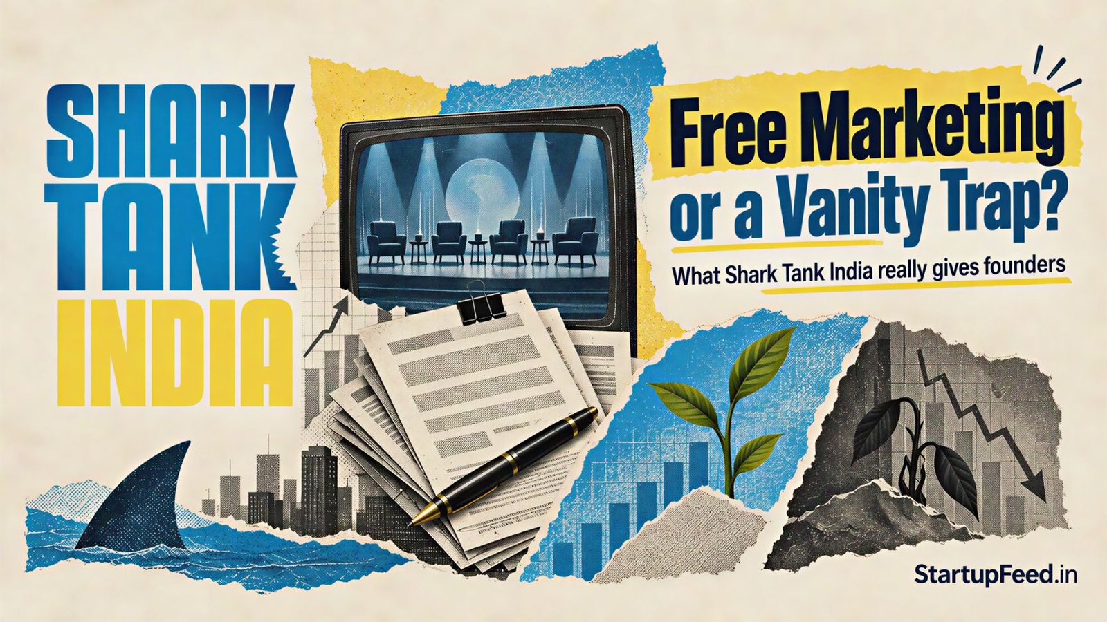 Shark Tank India founders theme with show logo, deal documents and startup funding signals