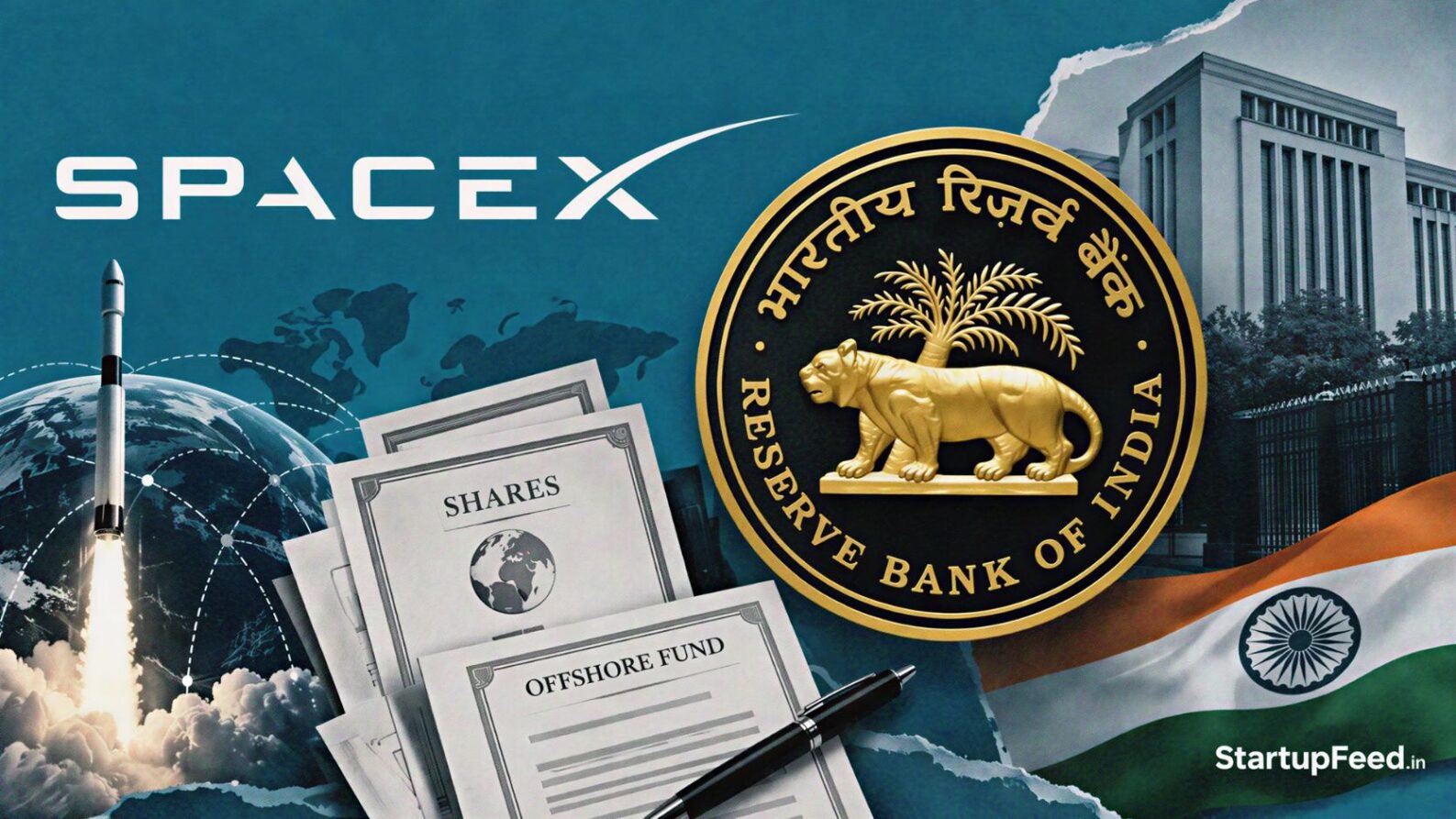 SpaceX shares India compliance scene with RBI emblem, offshore fund documents and Nasdaq share certificates