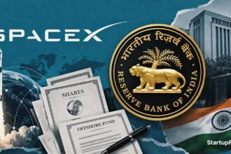 SpaceX shares India compliance scene with RBI emblem, offshore fund documents and Nasdaq share certificates
