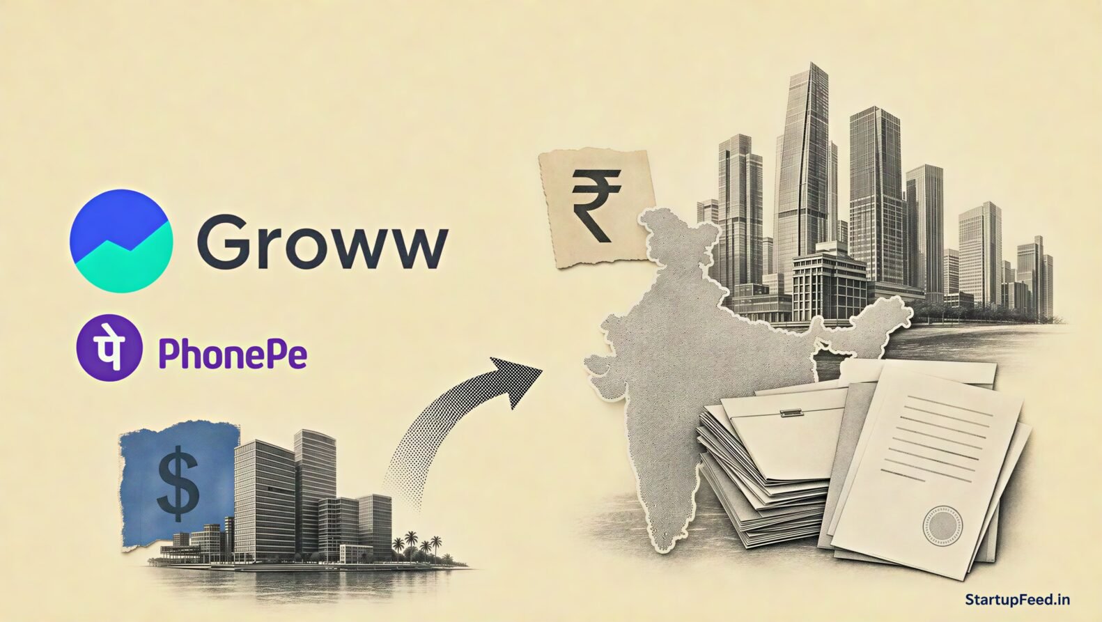 Startup reverse flip tax shown through Groww and PhonePe logos, documents and an India-bound route