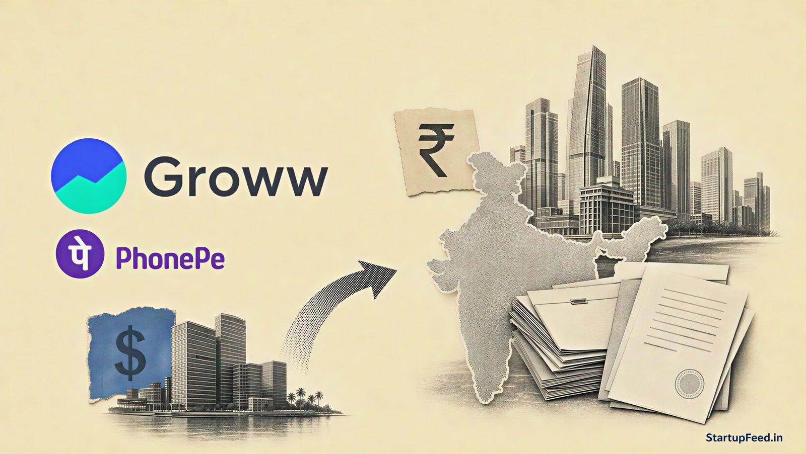 Why Returning NRI Founders Hit India's Reverse-Flip Wall 41 Startup reverse flip tax shown through Groww and PhonePe logos, documents and an India-bound route
