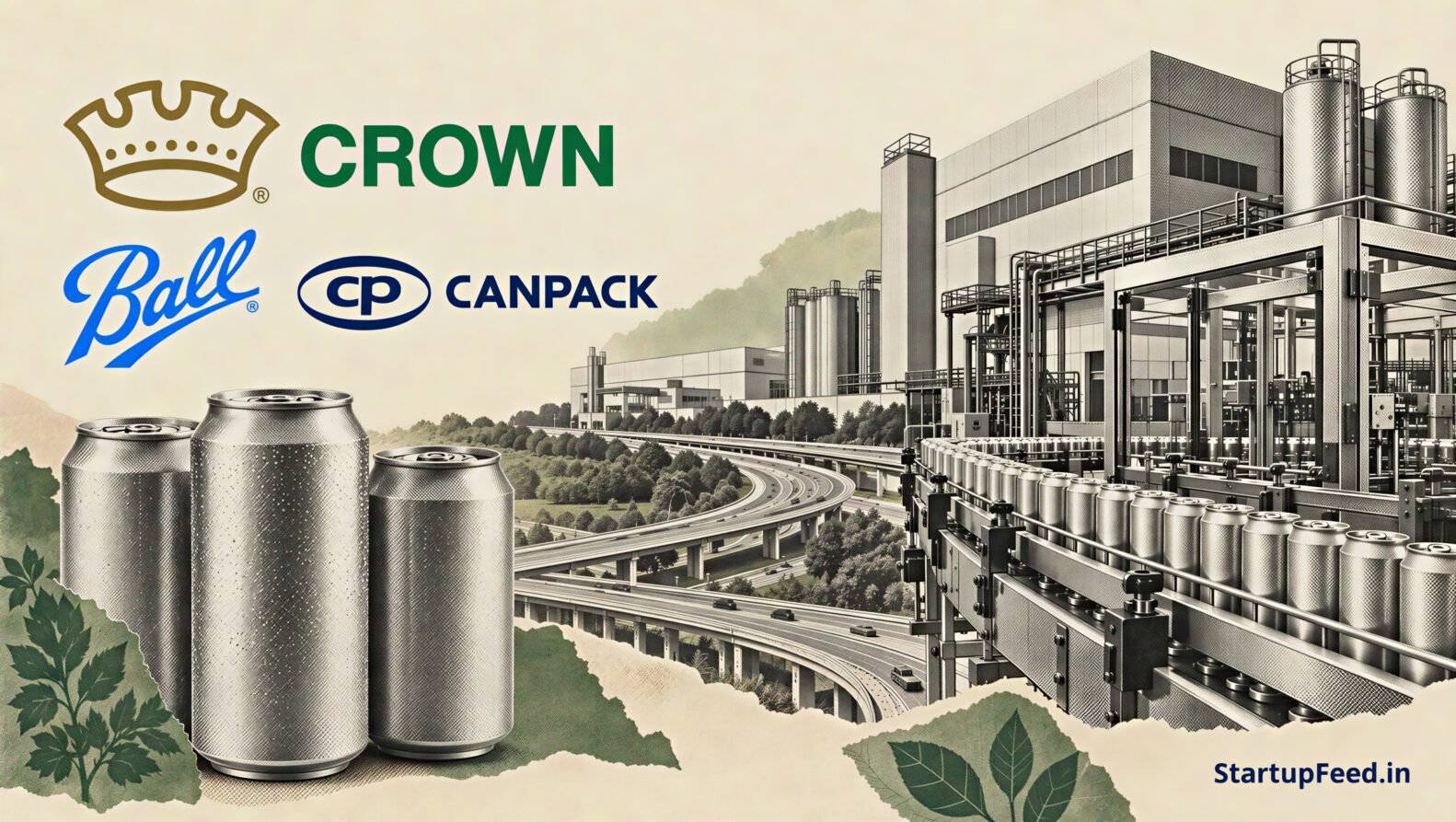 Uttar Pradesh beverage can plants shown as Crown, Ball and Canpack facilities along the Ganga Expressway