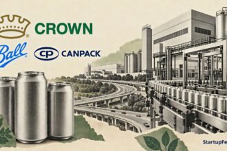 Uttar Pradesh beverage can plants shown as Crown, Ball and Canpack facilities along the Ganga Expressway