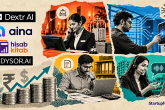 Vertical AI SaaS seed rounds India 2026 collage featuring Dextr AI, Aina, Hisab kitab and Edysor.ai
