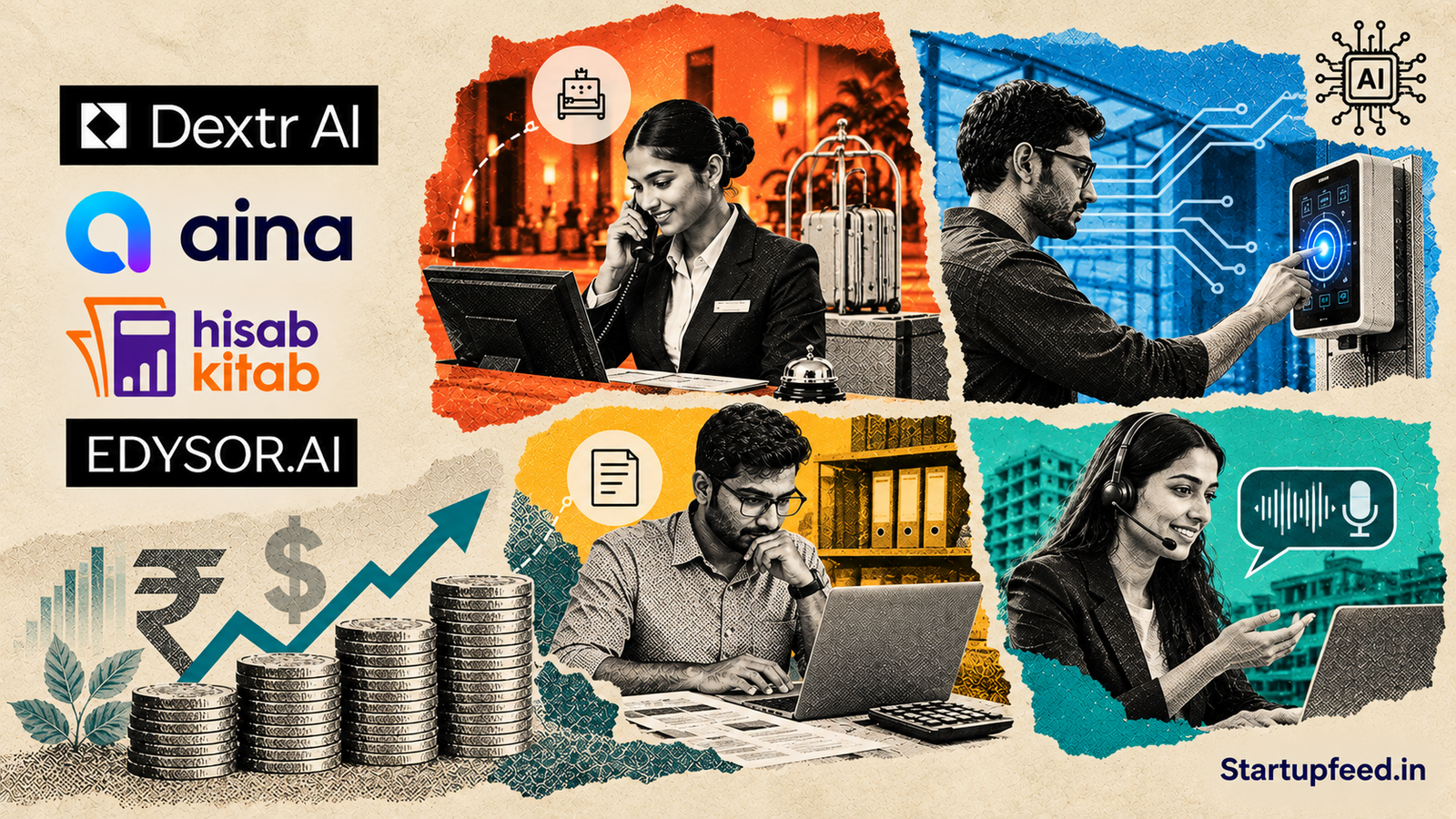 Vertical AI SaaS seed rounds India 2026 collage featuring Dextr AI, Aina, Hisab kitab and Edysor.ai