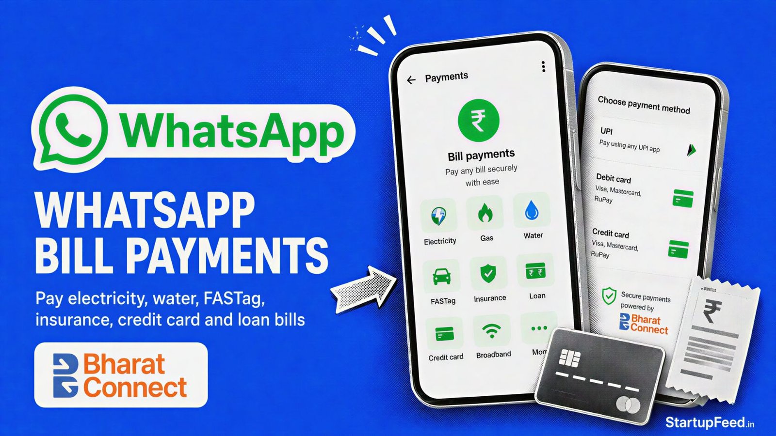 WhatsApp bill payments India launch shown with smartphones, the WhatsApp logo and Bharat Connect payment cues
