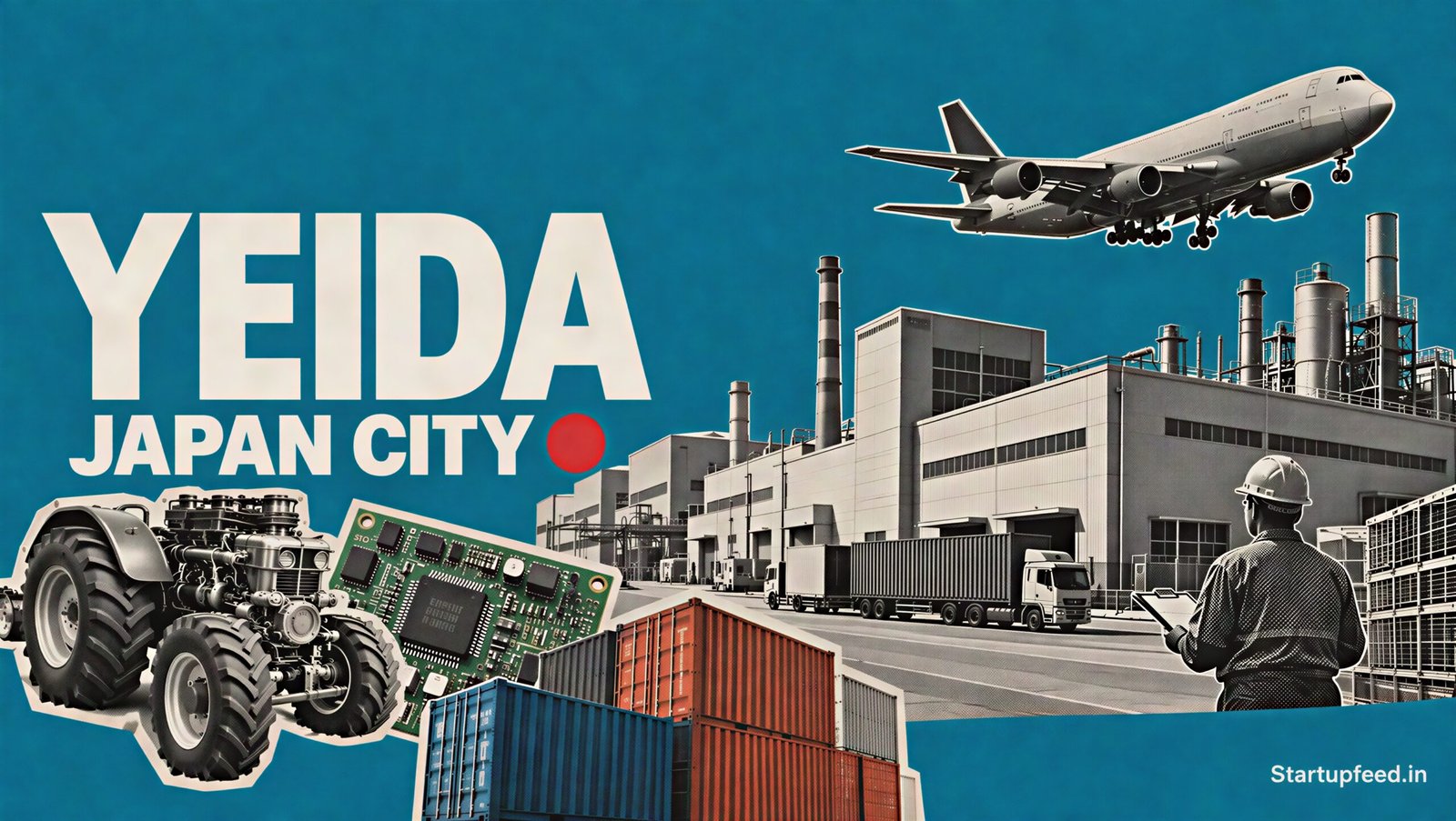 YEIDA Japan City Near Jewar Opens Deep-Tech Supply Doors 41 YEIDA Japan City illustrated as a manufacturing cluster near Jewar, with halftone factory buildings and freight infrastructure