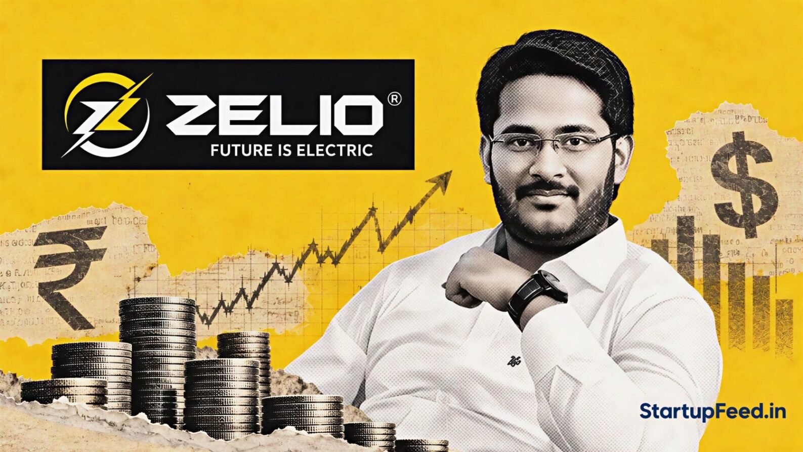 Kunal Arya, MD of Zelio E-Mobility, beside EV motifs for Zelio E-Mobility fundraise
