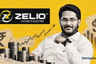 Kunal Arya, MD of Zelio E-Mobility, beside EV motifs for Zelio E-Mobility fundraise