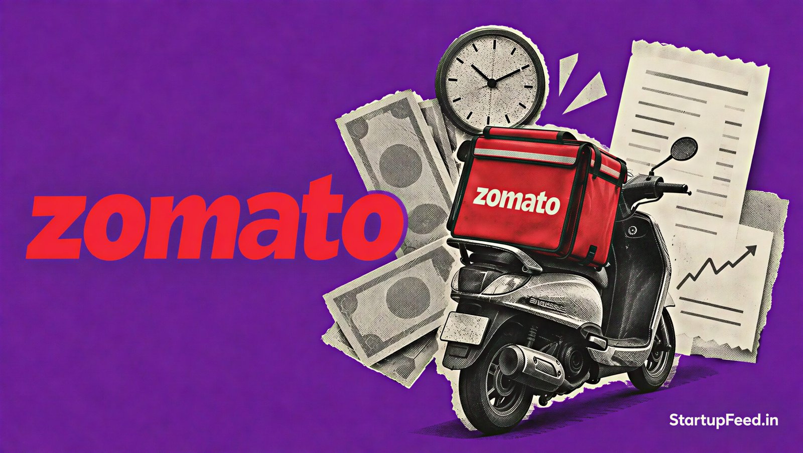 Zomato Pay on Delivery fee shown beside a cash order receipt and delivery scooter