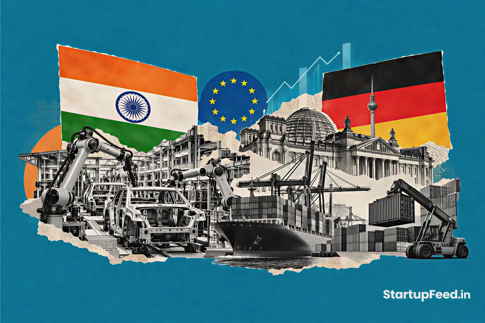 India Germany trade target represented by Indian and German flags, industrial factories and the European Union emblem Copy