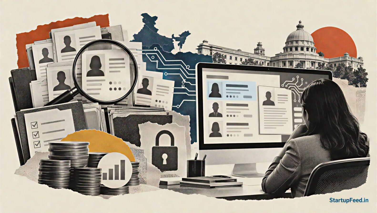 AI hiring tools India comparison with resume screening software, recruitment dashboards and candidate data privacy visuals
