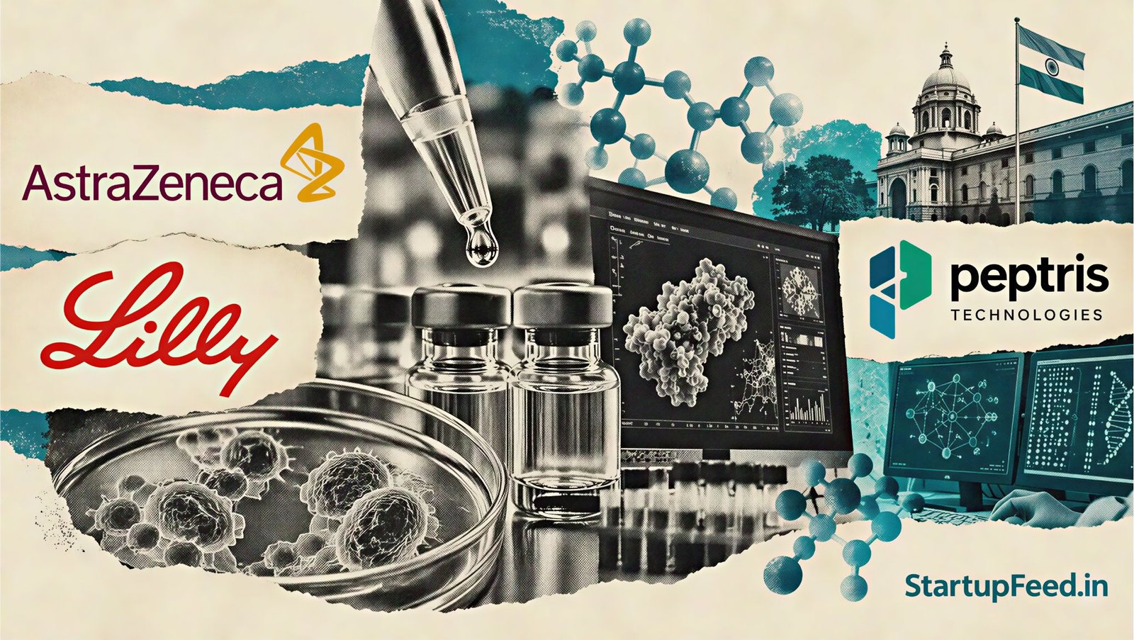 AI Pharma Deals: $2.6 Bn Abroad in October, Rs 86 Cr in India 1 AI pharma deals represented by laboratory drug research, molecular structures and AstraZeneca, Lilly and Peptris branding