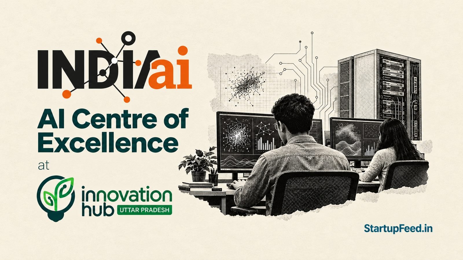 AKTU Innovation Hub AI lab scene with researchers at computer workstations in Lucknow