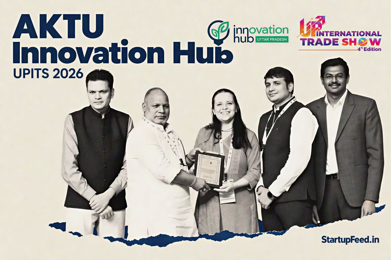 AKTU Innovation Hub Takes 33 Startups, 500 Students to UPITS 2026 41 AKTU Innovation Hub UPITS 2026 branding beside exhibition booths, a farm sensor and a robotic prototype