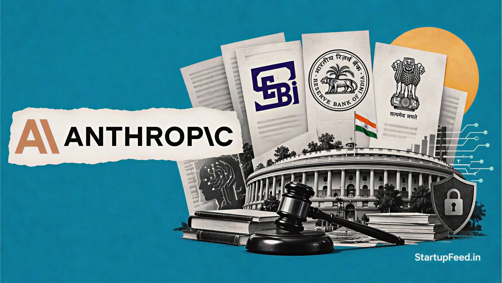AI liability in India shown through Anthropic AI, regulatory documents and Indian oversight symbols