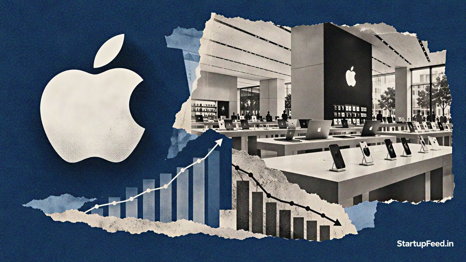 Apple India store counter with iPhone and MacBook displayed for customers
