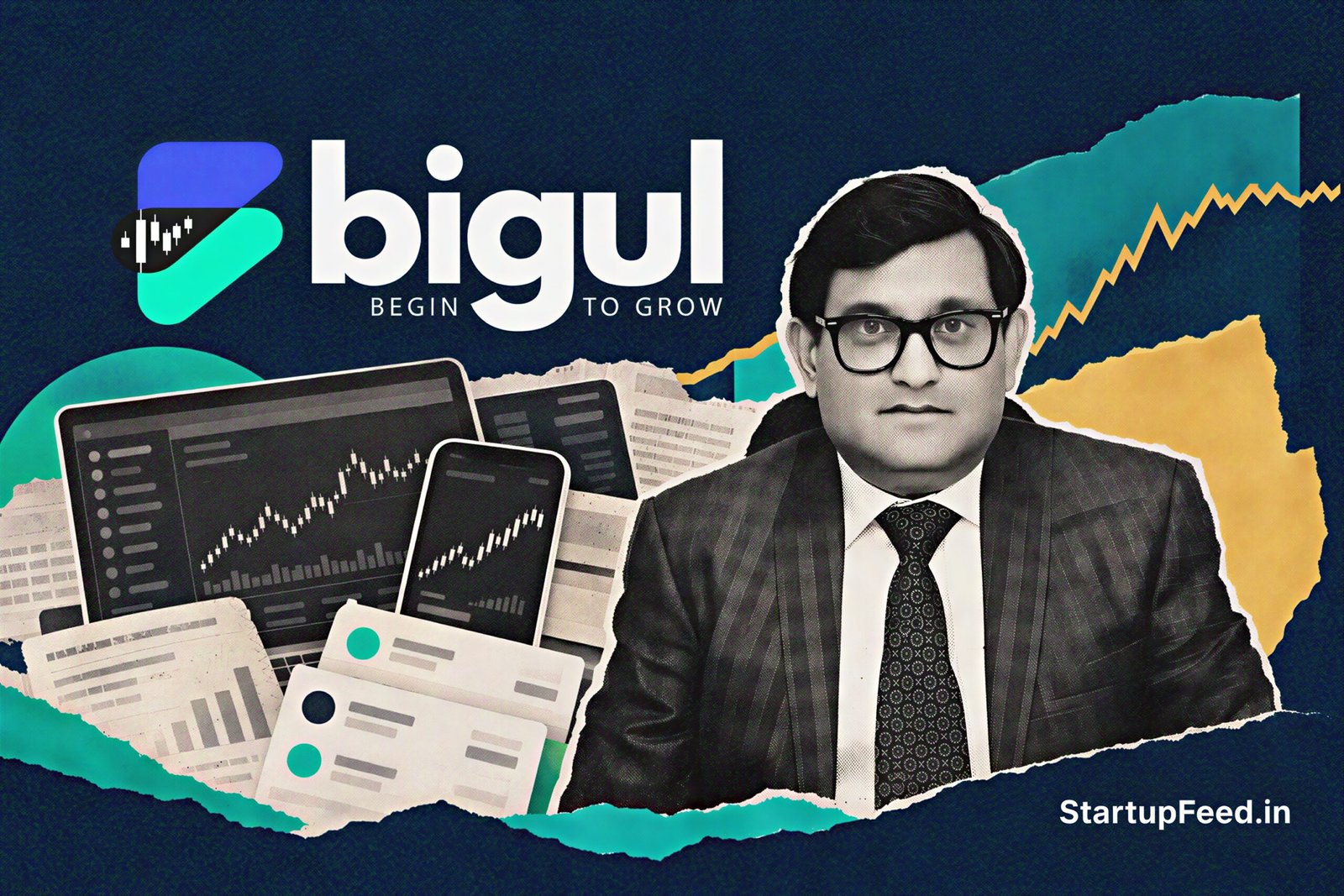 Atul Parakh Bigul CEO portrait beside the official trading platform logo and brokerage growth symbols