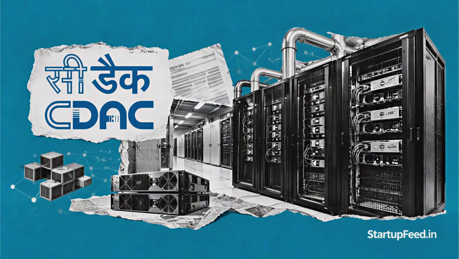 C-DAC GPU tender visual with Indian data centre server racks and AI compute infrastructure