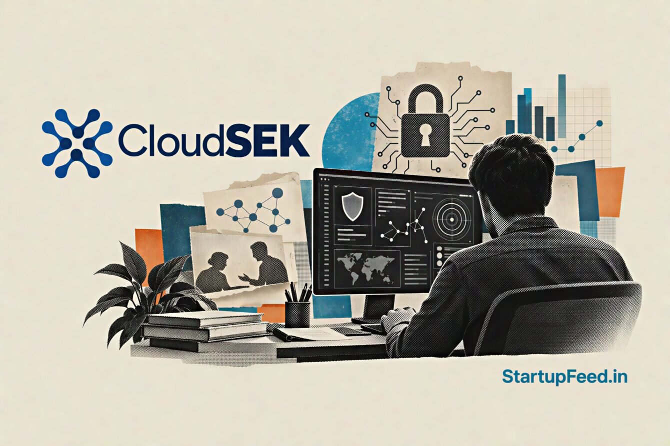 CloudSEK Launchpad logo beside a cybersecurity workspace with a computer and lock motif