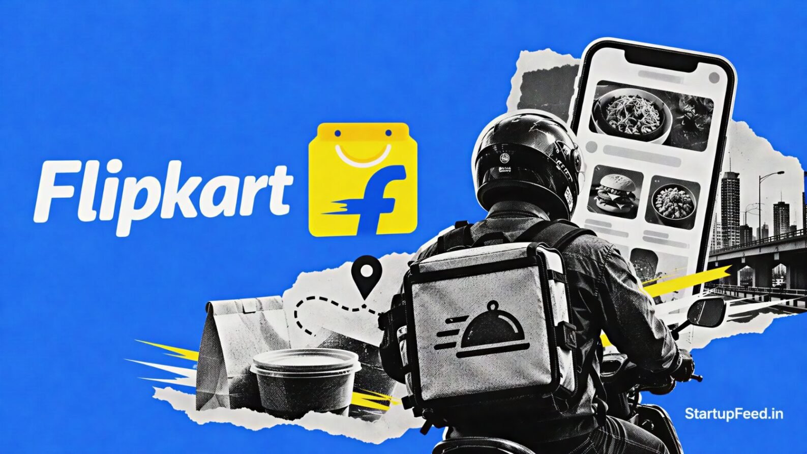 Flipkart food delivery pilot with Eat-in by Minutes branding and delivery rider silhouette in Bengaluru