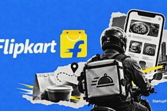 Flipkart food delivery pilot with Eat-in by Minutes branding and delivery rider silhouette in Bengaluru