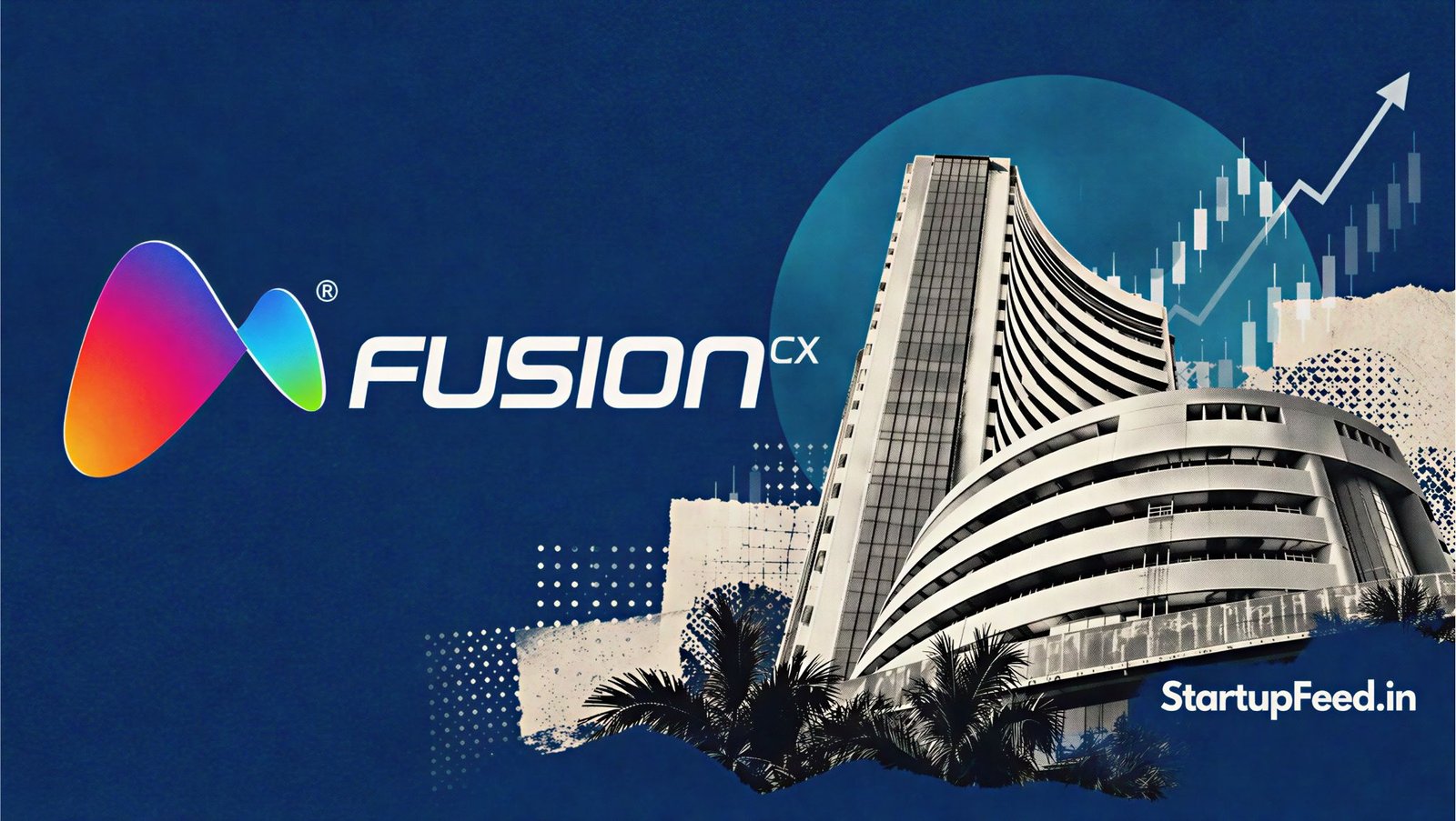 Fusion CX IPO visual with company logo, stock exchange building and financial chart elements for Rs 702 crore issue